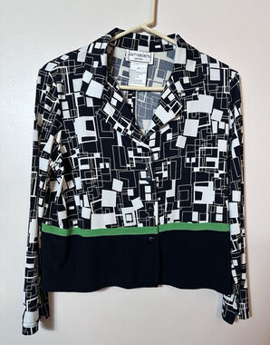 Vintage Karin Stevens Shirt 14P Black White Green Geometric Print Button Blouse‎